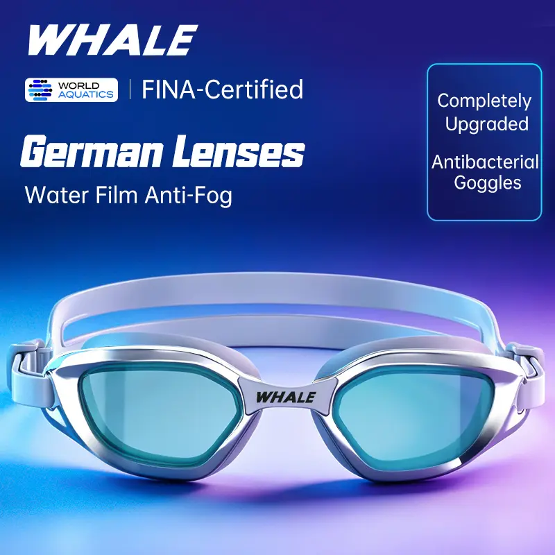 WHALE Adult Swim Goggles, Water-Film Anti-Fog Wide View, Soft Silicone Seal, Adjustable Nose Bridges
