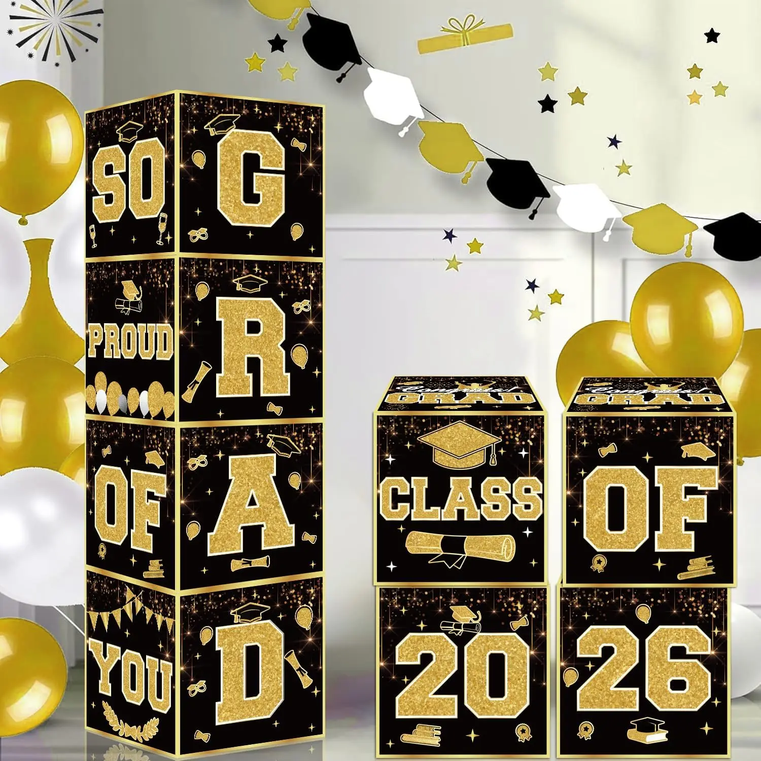 Black and  Graduation Decorations 2026, 4 count Graduation Balloon Boxes with Letters Congrats Grad, Class of 2026 and So Proud Of You for High School College 2026 Grad Decorations