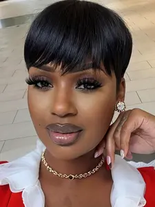 Short Pixie Cut Straight Human Hair Wig with Bangs, Layered Design for Women, Stylish and Versatile Hairstyle Option, Pixie Wigs