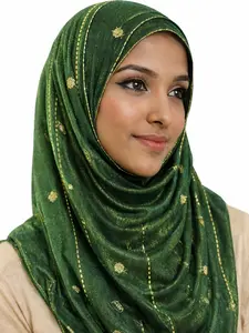 Luxury Emerald Green Hijab – Premium Dubai Style Chiffon Scarf for Women | Elegant Gold Embroidery Design with Soft Lightweight Fabric, Perfect for Daily Wear, Parties & Special Occasions | Modest Fashion Essential