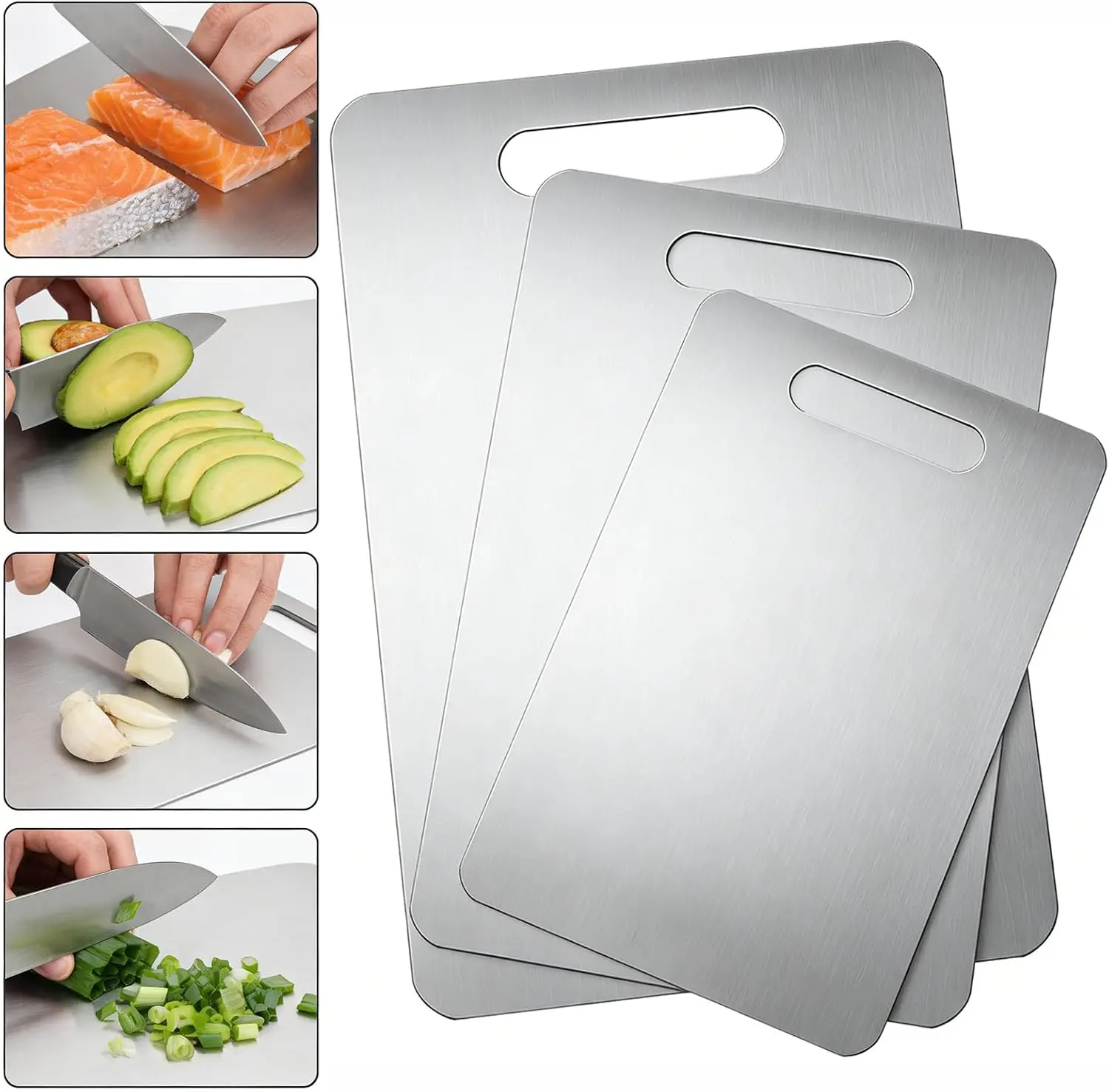 3Pcs (S+M+L) L-Shaped Stainless Steel Chopping Board Set for Kitchen, 15×11" Lip, Non-Slip, Dishwasher Safe, Double-Sided Use for Meat, Fruits, Pasta (3Pcs-S+M+L)