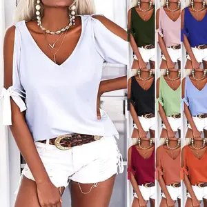 Imily Bela Women's Cold Shoulder Tops Short Sleeve V-Neck Casual Loose Cutout Summer Fashion Tshirts Blouse Shirts