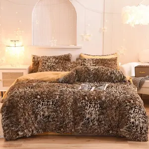 Leopard Print Duvet Cover Set Shaggy Fluffy Duvet Cover Set,Luxury Ultra Soft   Duvet Cover,Faux  Quilt Cover with Pillow Shams,Zipper Closure  Size