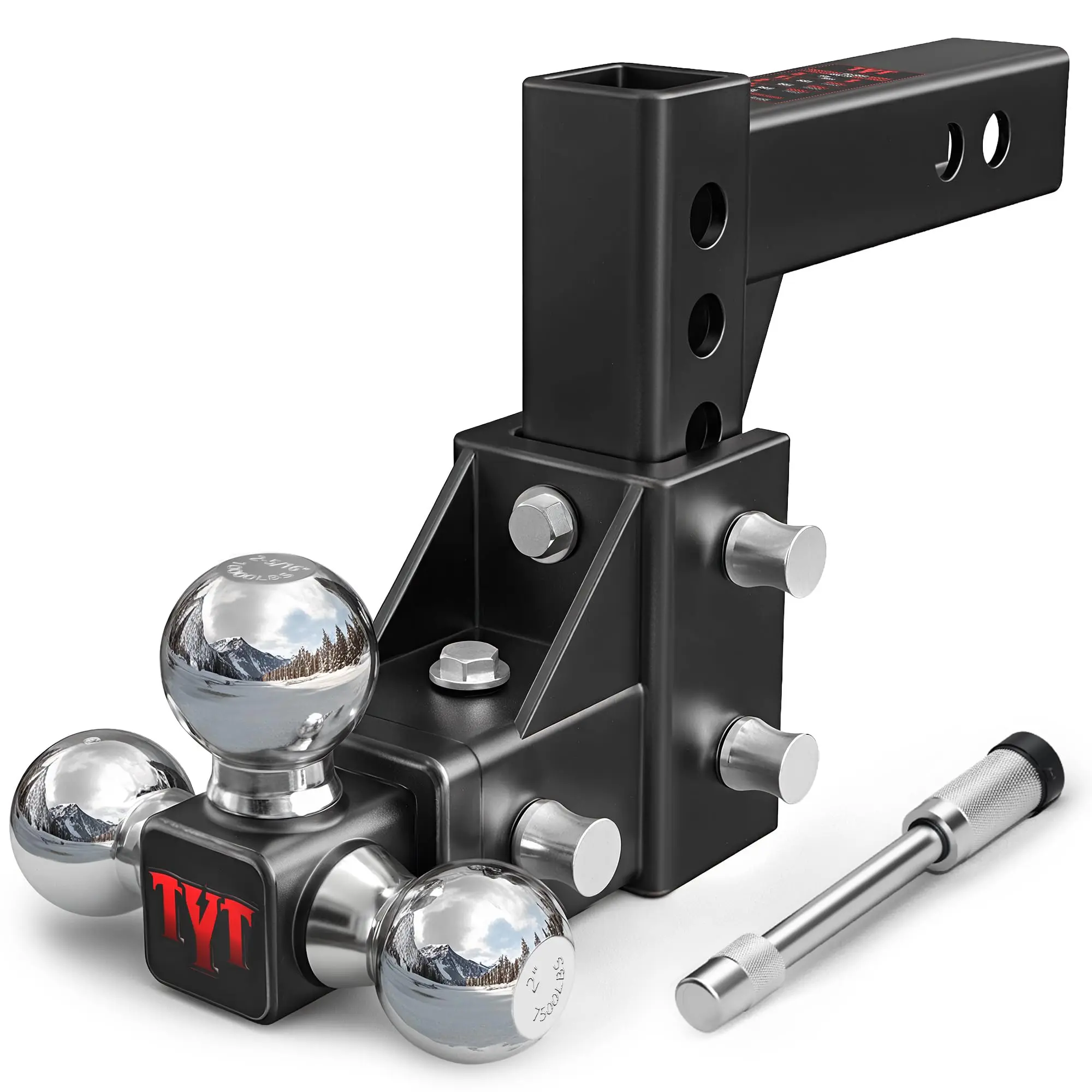 Hot TYT Adjustable Trailer Hitch Ball Mount, Tri-Ball (1-7/8'' X 2'' X 2-5/16''), Fits 2'' Receiver, 5'' Rise/Drop Hitch, Hitch for Heavy Duty Truck, Solid Ball Mount, 10000 LBS GTW, Black