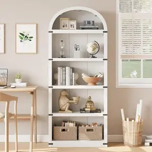 5 Shelf Arched Bookcase, Farmhouse Wooden Bookshelf with Metal Corner Protection, Tall 71.65 Inch Display Storage Rack for Home Office, Living Room, Bedroom, and More