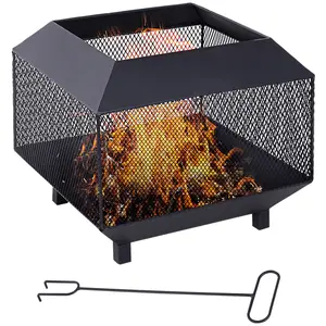 Metal Square Fire Pit Outdoor Mesh Firepit Brazier W/ Lid, Log Grate, Poker For Backyard, Camping, Bonfire, Wood Burning Stove, 44 X 44 X 40cm, Black