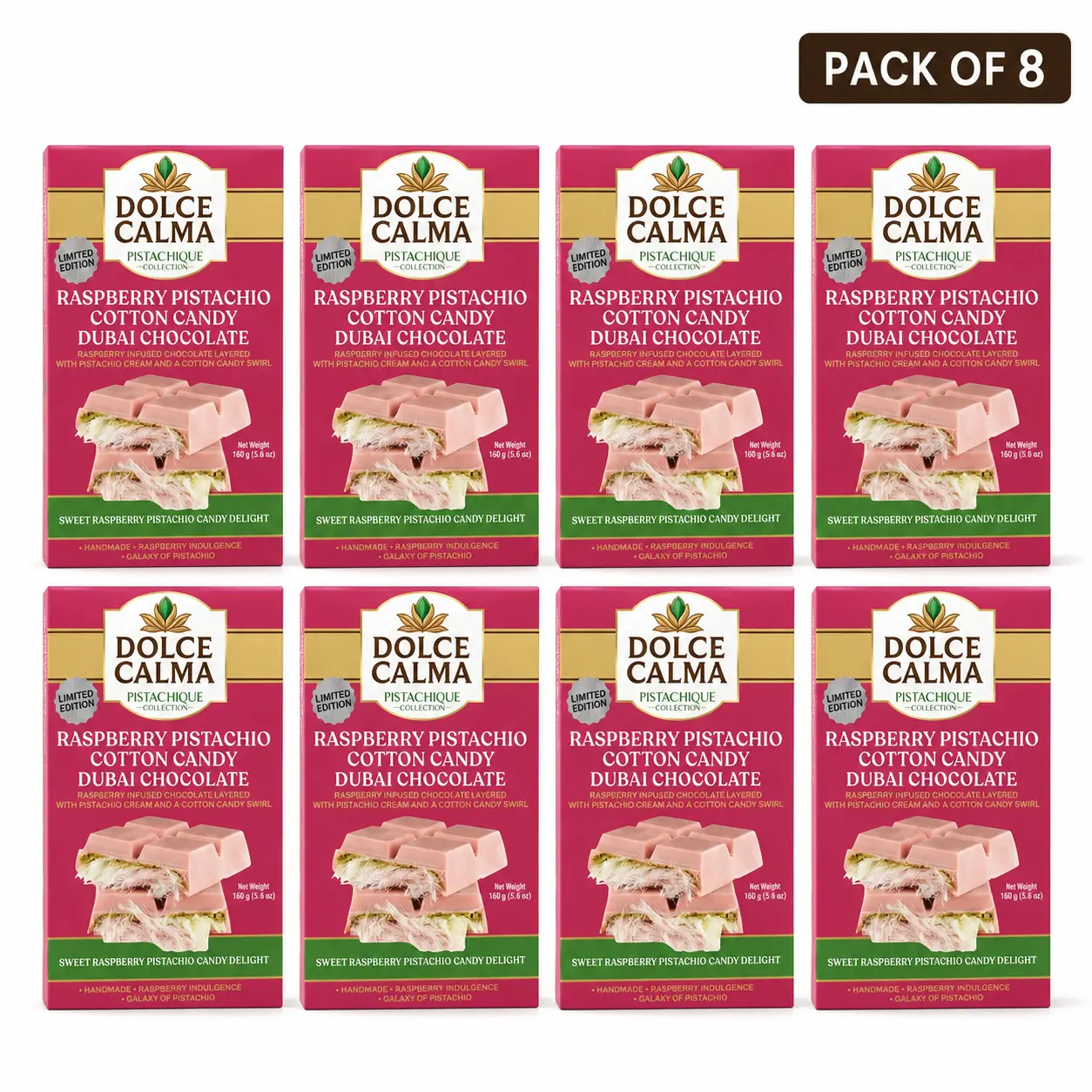 Dolce Calma Raspberry Dubai Chocolate Bar Ships With Two Ice Gel Pack (160g) – Authentic Handmade Belgian Chocolate with Turkish Pistachio & Crispy Kataifi, Kunafa Filling - Pack of 8