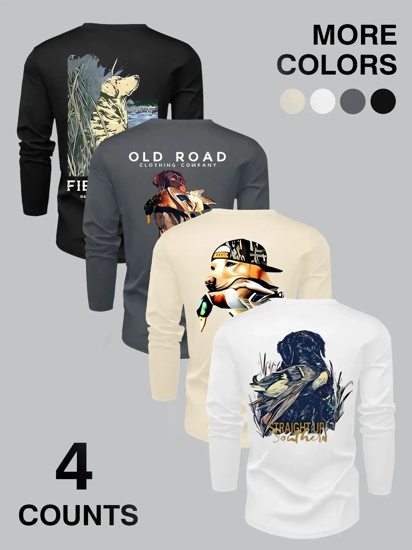 Men's Four-Pack Long Sleeve T-Shirts with Print, Fashion Street Style, Comfortable Fit, Perfect Gift for Trendy Lovers, All Seasons