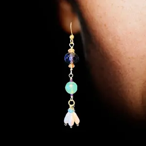 Jewelry Designs by Brandy Frazier earrings Beaded drop dangle with gold plated findings   A unique combination of yellow citrine, raspberry seed beads, green faceted  purple and teal faceted bead with rice pearl and pink seed bead dangles.