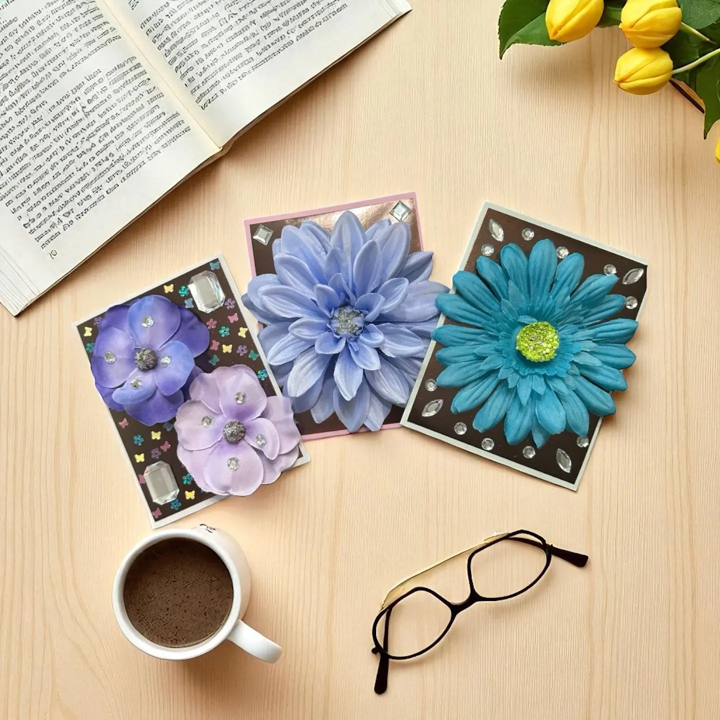 Handmade Bloom Cards - Cards with Artificial Flowers for Female - Decorative Design with Blue and Purple Flowers & Gems