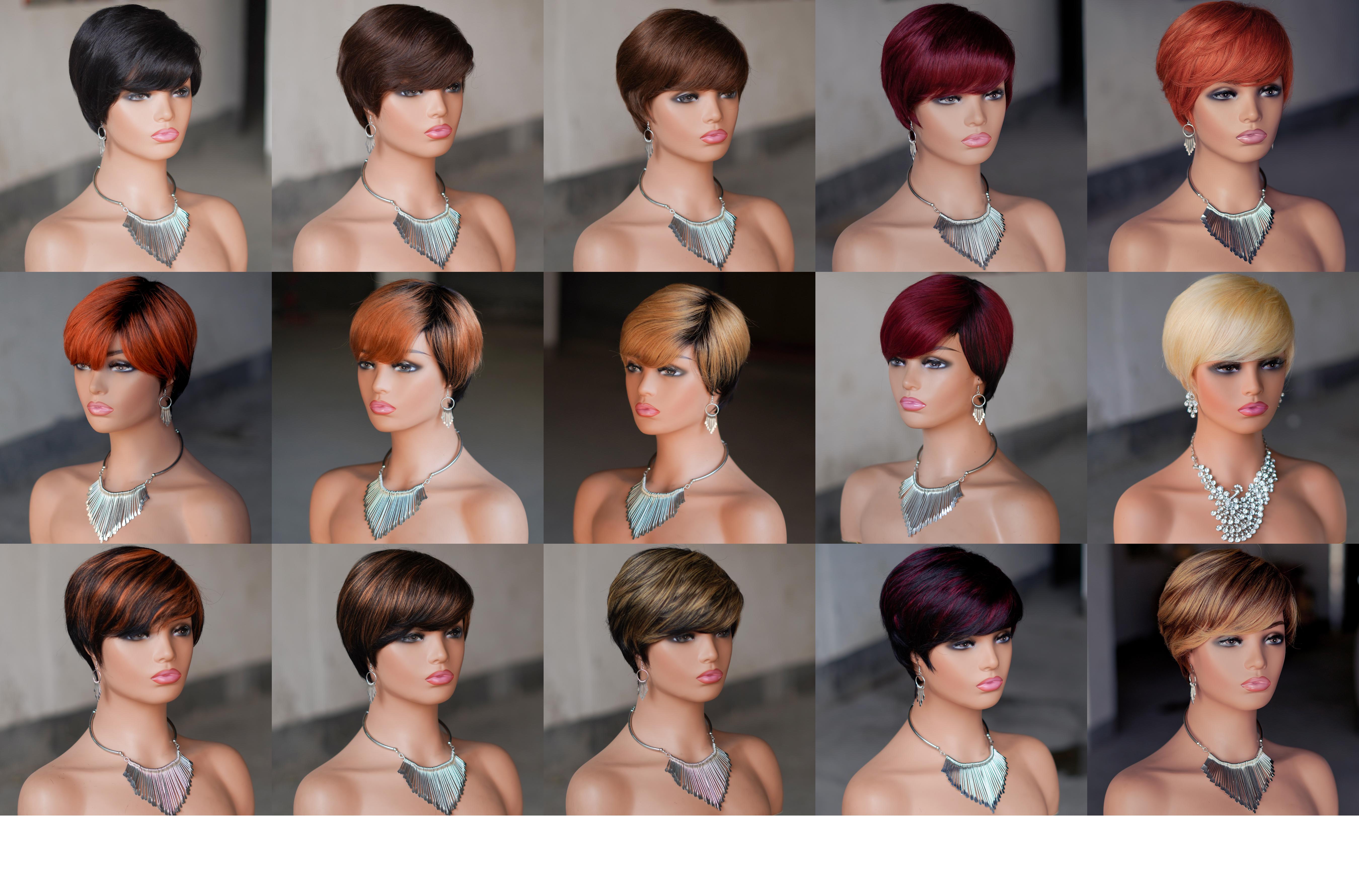 "Glueless Short Pixie Cut Wig With Bangs 180% Density Brazilian Virgin Human Hair P1B/27 Ombre Black Blonde 6 Inch Layered Full Machine Made Natural Look With Wig Caps For Women Daily & Party Wear "	