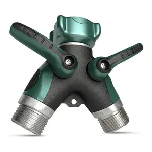 Heavy Duty 2 Way Hose Splitter for Garden Hose, All Metal Outdoor Faucet Y Connector with Shut Off Valves, Leak Resistant Water Spigot Adapter for Yard Lawn Irrigation Gardening