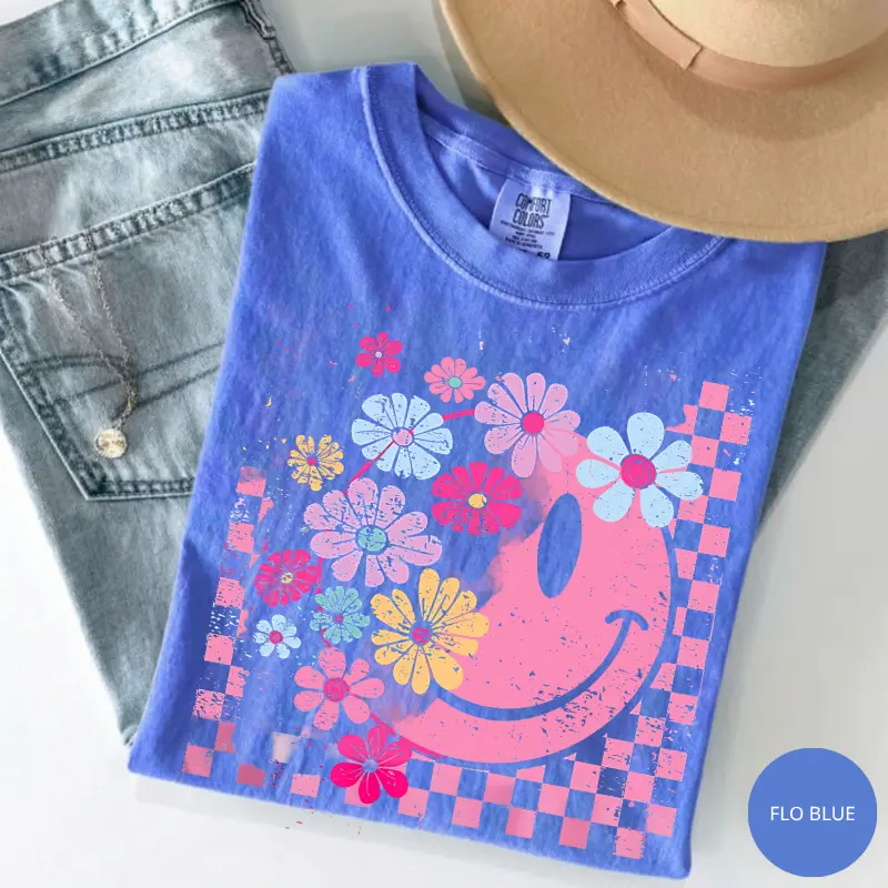 Comfort Colors Retro Smiley Face Floral Shirt, Inspirational Self Worth Graphic Tee, Motivational Self Love T-Shirt, Mental Health Gift for Women