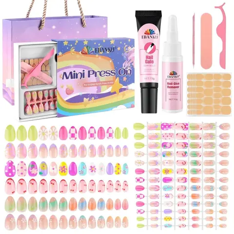 EBANKU Kids' Press-On Nails Gift Set A - 24/72/78/156 Pieces Vibrant Flower Kits for Girls 8-12, Party-Ready Nails with Jelly Adhesives & Builder Glue, Quick At-Home Wear for Kids' Use, Bright Play-Ready Colors Halloween Beauty Set