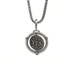 Retro rotating decision coin pendant necklace, niche hip-hop style accessory; unisex design. Stress-relief decision coin necklace—fashionable and versatile collarbone chain for trendsetters. Vintage distressed coin pendant; unique jewelry with a rotating