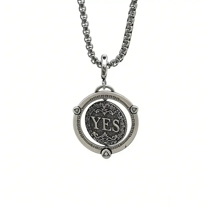 Retro rotating decision coin pendant necklace, niche hip-hop style accessory; unisex design. Stress-relief decision coin necklace—fashionable and versatile collarbone chain for trendsetters. Vintage distressed coin pendant; unique jewelry with a rotating