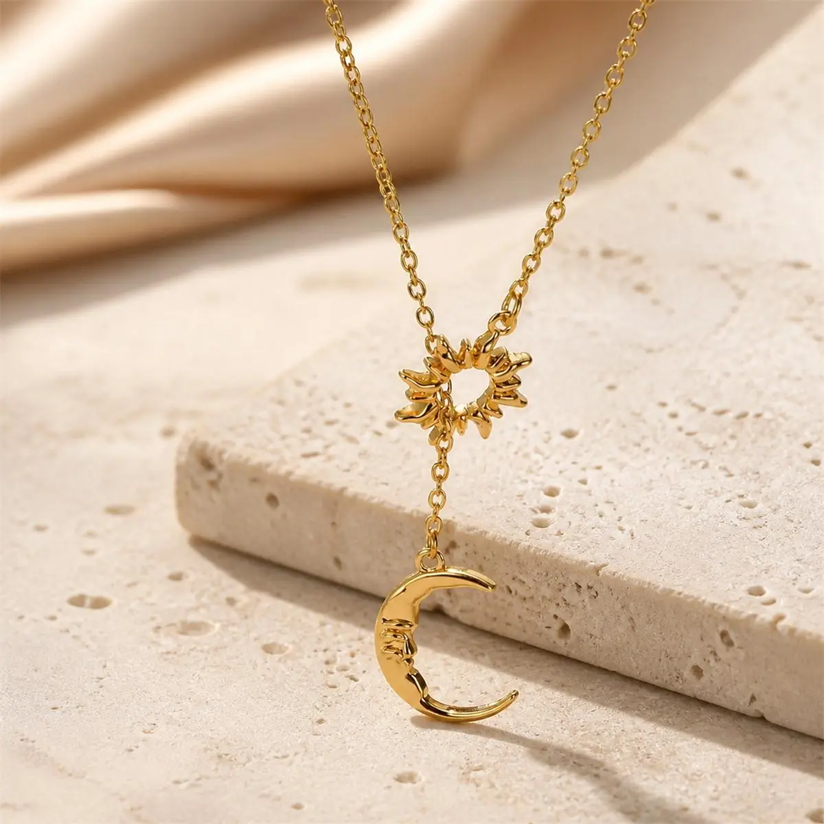 Sun and Moon Lariat Pendant Necklace for Women, Stainless Steel Celestial Jewelry with Sliding Sun Charm and Crescent Moon, Gold or Silver Minimalist Statement Accessory for Everyday Wear, Parties, Birthdays and Gifts