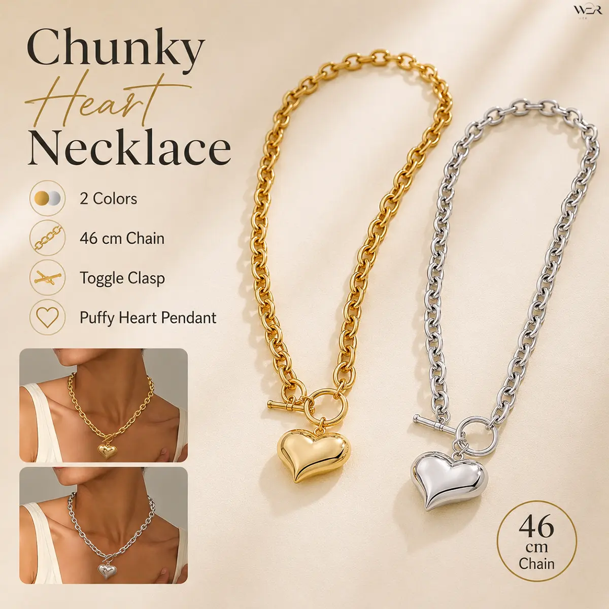 Chunky Gold Chain Necklace with Puffy Heart Pendant, Casual Statement Jewelry with Toggle Clasp, Gold or Silver Tone, Modern Teen Girl Gifts, Chunky Silver Necklaces, Girlyish Necklaces