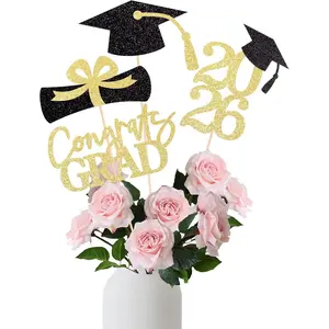 Graduation Decoration Class of 2026 Centerpieces for Table, 2026 Party Centerpieces Grad Cap Sticks Party Supplies, Graduation Party Decoration Toppeers (16 PCS,  & Black, Set of 4)