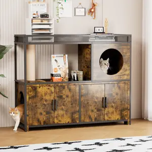 [2 PACKAGE SHIPPING] YODOLLA Cat Litter Box Enclosure for 2 Cats, Litter Box Furniture Hidden with Storage & Doors, Double Litter Box Cabinet with Scratching Post, Washroom Furniture, Cat House for Living Room, Rustic Brown