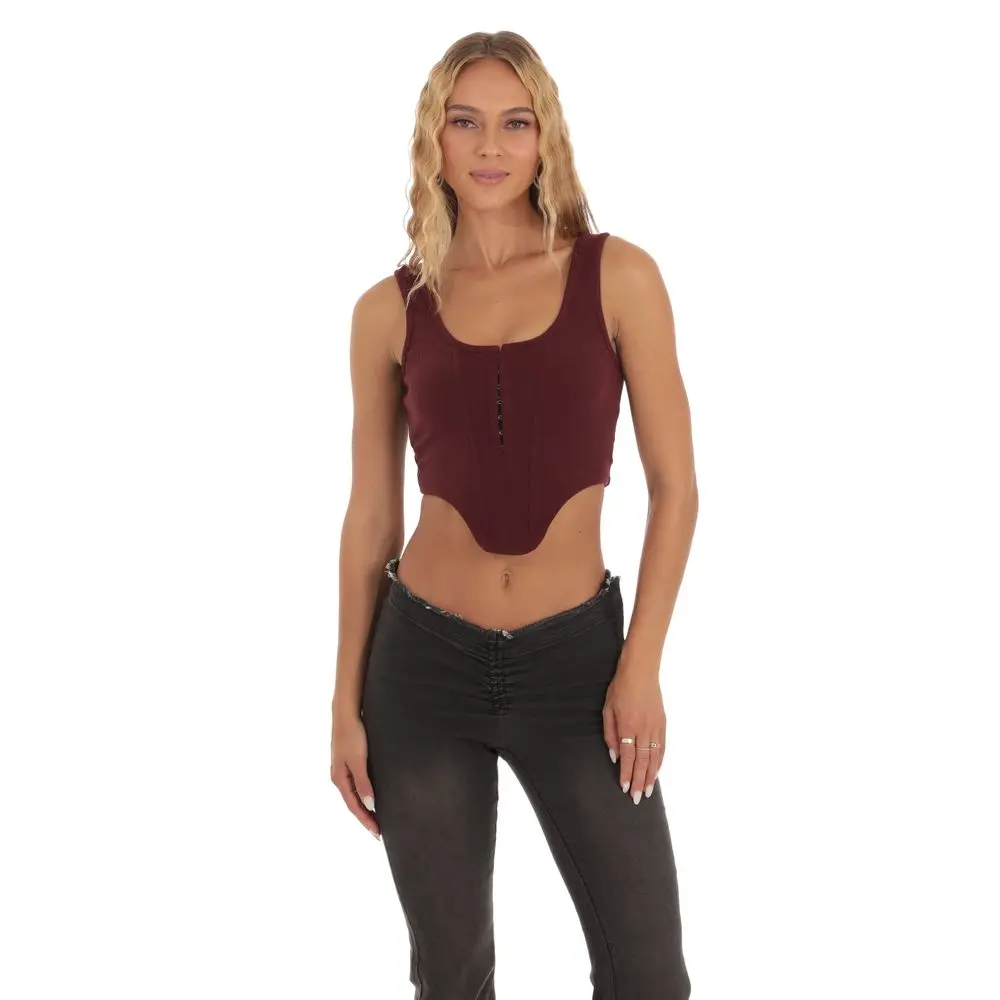 Ribbed Corset Tank Top in Maroon
