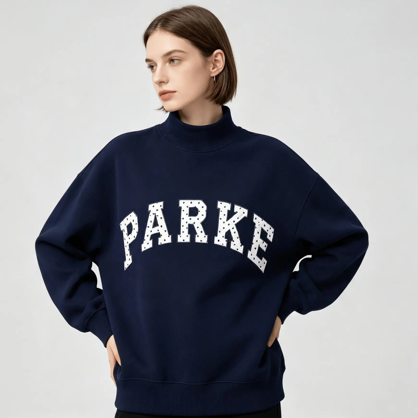 PARKE Polka Dot Letter Embroidery Longsleeve Crewneck  Women's Sweatshirt, Oversized Casual Streetwear Hoodie, Trendy Tote Bag Fashion Accessory