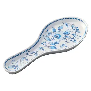 Blue and White Floral Melamine Spoon Rest, Cooking Spoon Holder for Stove Top, Kitchen Counter, and Dining Table, 9.625 Inch, Blue