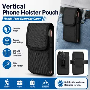 Universal Vertical Nylon Cell Phone Holster Case, Rugged Outdoor Waist Belt Pouch with Secure Belt Clip, Velcro Flip Cover, Side Pen Holder, Lightweight Protective Phone Carrying Bag for Men Women Hiking Camping Travel Work Skiing Climbing