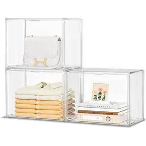 Purse Organizer for Closet, Clear Acrylic Display Case for Handbag Organizer, Stackable Purse Storage Box with Magnetic Door, Plastic Holder Containers for Book, Collectibles, Cosmetic 3 Pack