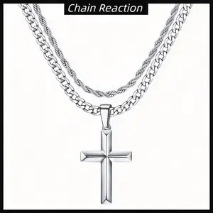 Double Layered Cross Necklace for Men Women Cross Necklace Stainless Steel Cross Chain Pendant  Faith Cross Necklace 21.65&23.62 Inch Simple Christian Religious Gifts