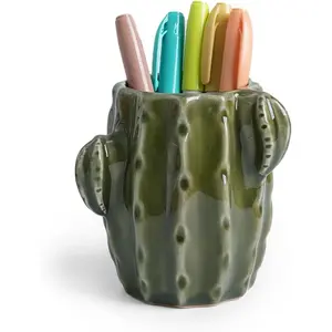 Ceramic Cactus Pen Holder, Cactus Decor Cute Pencil Holder, Makeup Brush Holder for , Office Desk Accessories(Dark Green)
