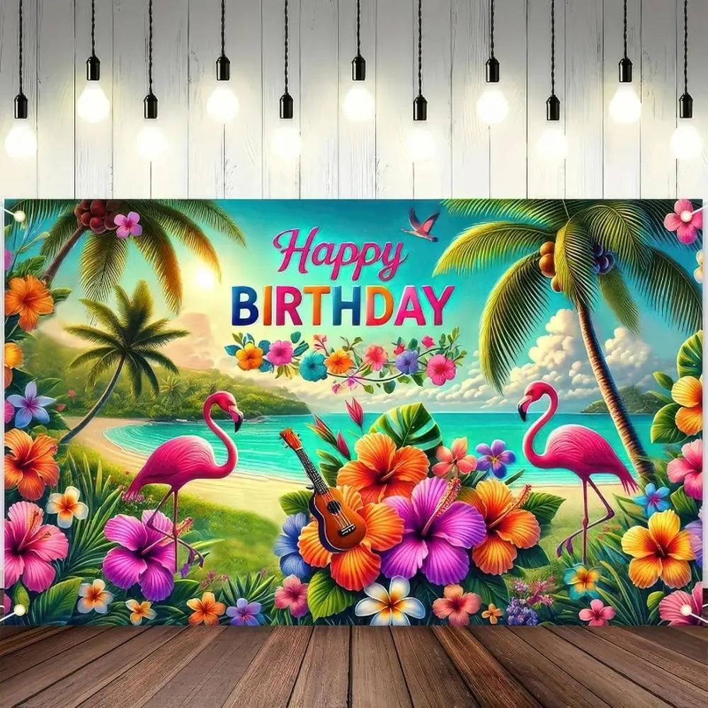 2D Flat 1pc Tropical Flamingo Island Birthday Backdrop, Featuring Flamingos and Tropical Flowers as the Centerpiece, Creates a Lively and Vibrant Atmosphere, Suitable for Birthday Celebrations, Parties, Portraits, an, Glam Look, Birthday Party