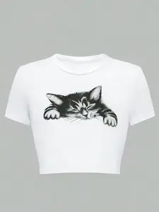 "Sleeping Cat Graphic Cropped T-Shirt, Women's Cute Casual Short Sleeve Tee, Y2K Streetwear Slim Fit Crop Top for Daily & Kawaii Style Outfit"