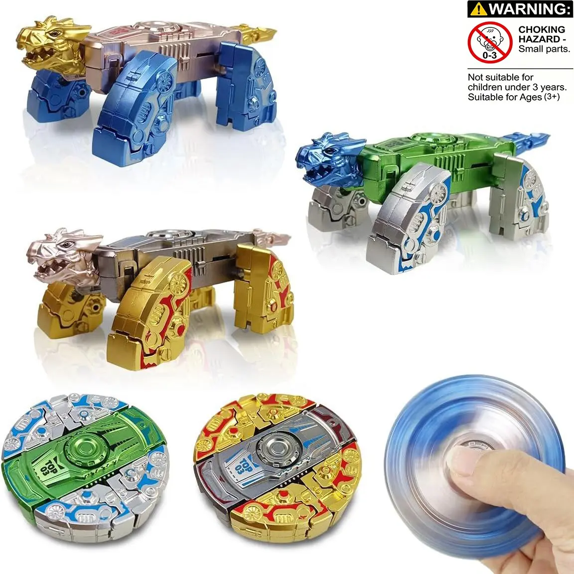 3 Counts Dinosaur Transformable Handheld Durable Gyros Spinning Tops Toys for Kids, Boys & Girls, Perfect Christmas Stocking Stuffers Gift Ideas
