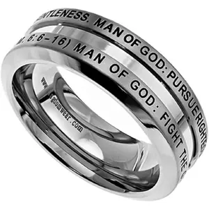 Solid Stainless Steel Christian Man of God Ring 1 Timothy 6:6-16, Guy's Purity Ring with Comfort Fit Interior  Masculine Appearance