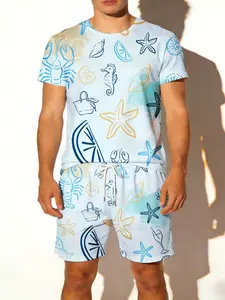 Summer Collection Men's Shorts + Short Sleeve Set Two-Piece Set 3D Full Size Prints Seashells Starfish Lobsters Seahorses Palm Leaves Beach Bag Cocktail Glasses Loose Breathable Casual Sports Fashion Versatile T-shirt & Shorts