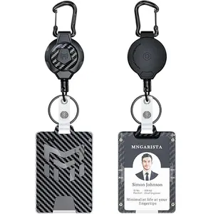 MNGARISTA Retractable Badge Holder, Carbon Fiber ID Badge Reel Strong,Retractable Clip Carabiner Keychain Key Card Holder with 4 Locking Card Point Design, Black