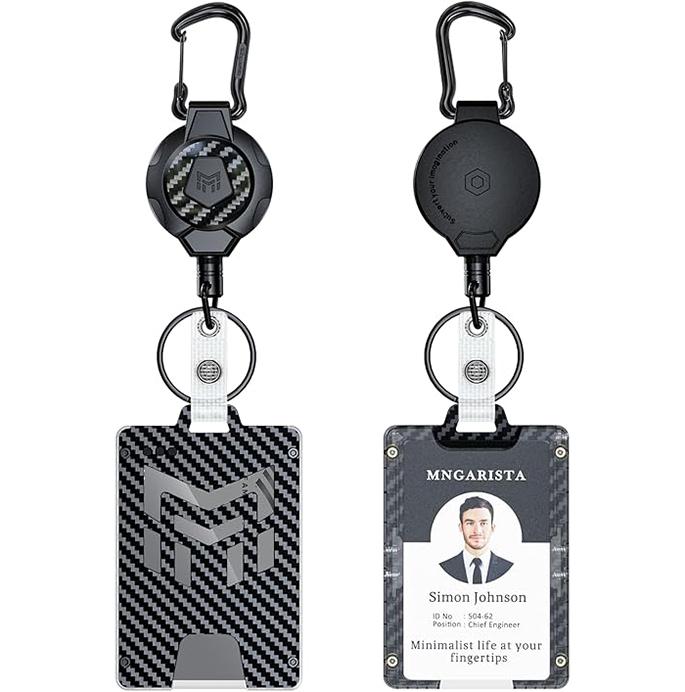 MNGARISTA Retractable Badge Holder, Carbon Fiber ID Badge Reel Strong,Retractable Clip Carabiner Keychain Key Card Holder with 4 Locking Card Point Design, Black
