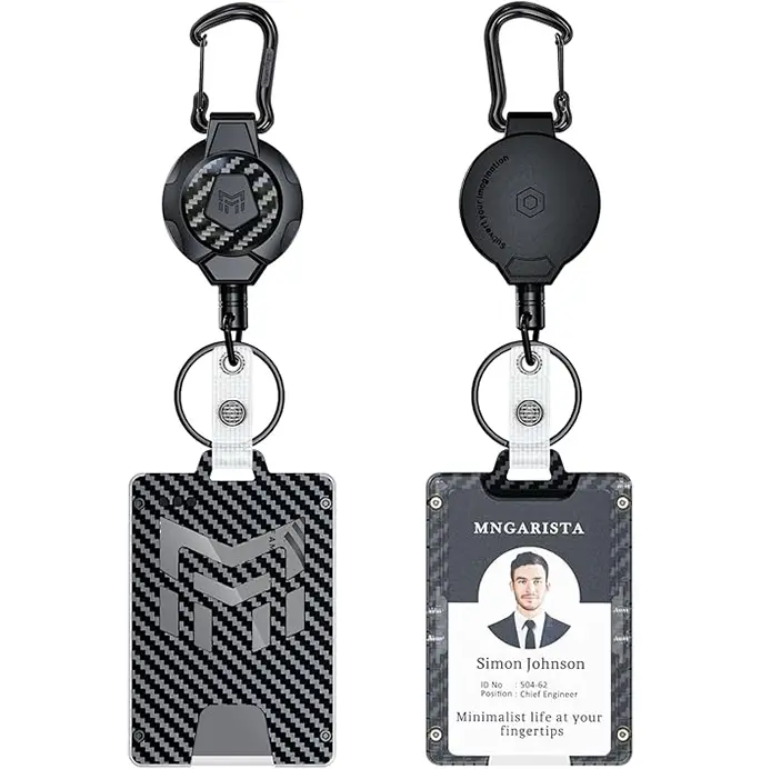 MNGARISTA Retractable Badge Holder, Carbon Fiber ID Badge Reel Strong,Retractable Clip Carabiner Keychain Key Card Holder with 4 Locking Card Point Design, Black