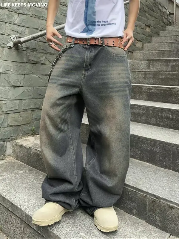Men’s American-style wide straight-leg washed denim  — trendy solid color, Hong Kong retro casual style; casual street-style long  for everyday wear and commuting; men’s all-season long pants; men’s trousers/