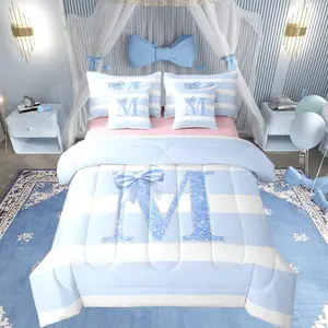 Blue Bow Sheet Set With Comforter Initial Letter M 7 Piece Bedding Set Glitter Bowknot Comforter Sets Personalized Monogram Stripes Bed In A Bag Adult Bedroom