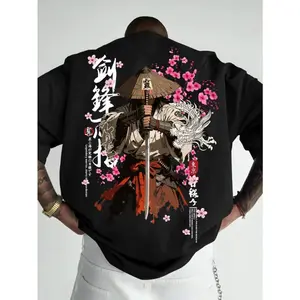 Mens Japanese Samurai Graphic Tee Vintage Streetwear Short Sleeve Crewneck Shirt Katana Warrior Dragon Mask Cherry Blossom Back Print