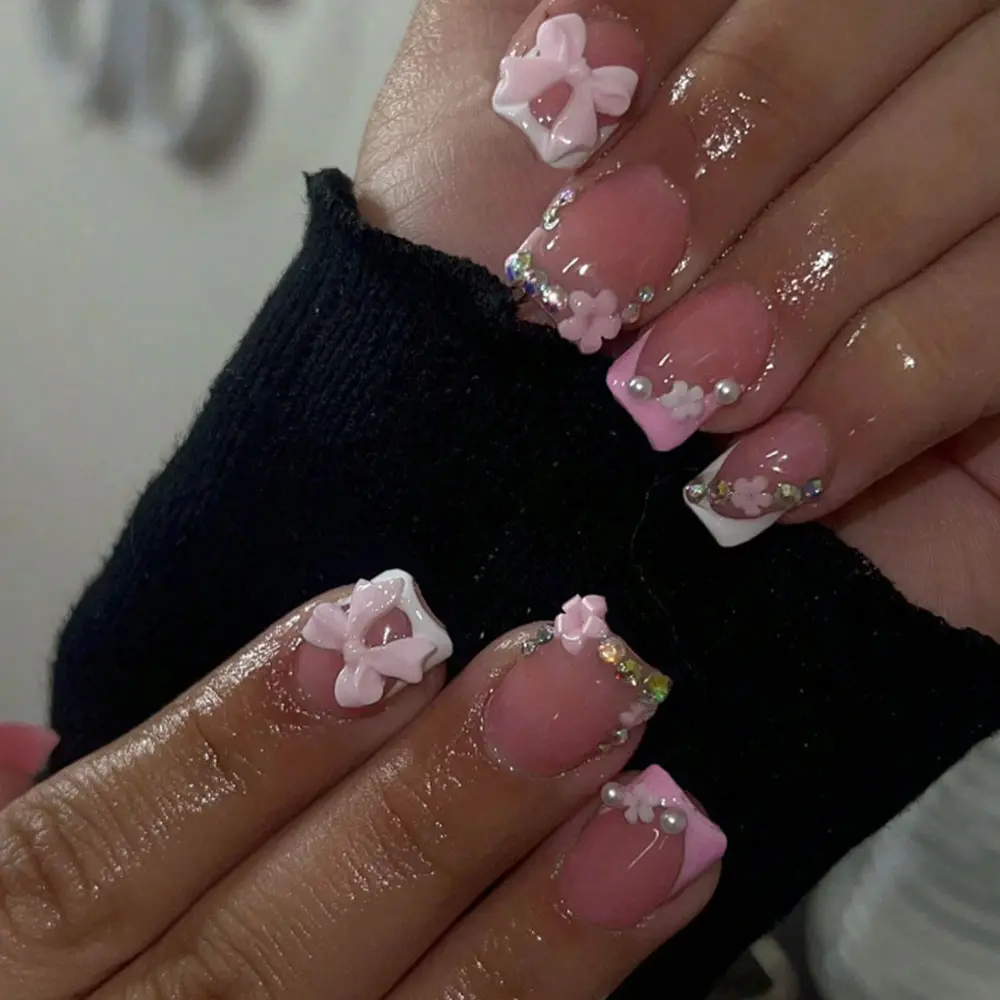 24pcs Short Square Nail Tips, Bow Flower Decorations, French Press-On Nails, Removable False Nails, Glossy Finish, DIY Acrylic Nails, Fake Nail Tips