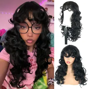 Long Curly Wig with Bangs Black Kinky Curly Layered  Shag Wig Synthetic Hair Wigs for Black Women Party  Use 24inch Long Curly  Hair Wigs with Bangs