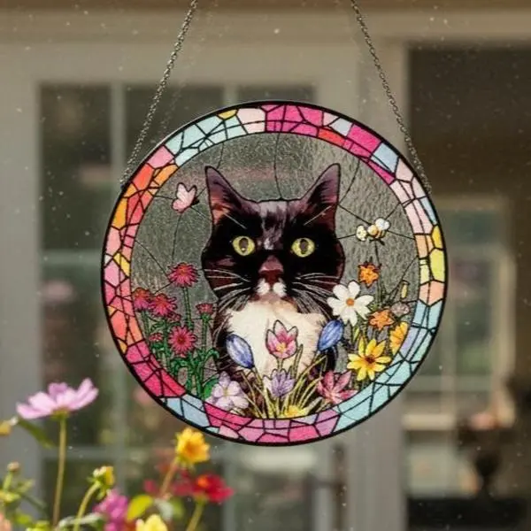 Custom Pet Portrait Stained Glass Suncatcher, Personalized Pet Suncatcher, Pet Keepsake Glass Suncatcher, Memorial Gift for Dog or Cat Lover