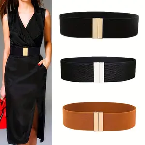 Women's Wide Elastic Waist Belt - Stretch Cinch Belt with Gold Metal Buckle - Slimming Waist Band for Dresses & Long Shirts - Trendy Fashion Accessory