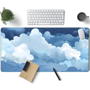 Aesthetic Blue and White Puffy Clouds Desk Mat, XXL Large Kawaii Blue Extended Gaming Mouse Pad with Stitched Edges, Cute Big Laptop Keyboard and Mouse Mat for Women Office Decor Mat 24x14 in