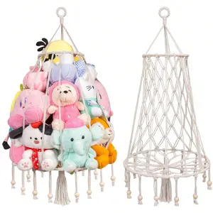 Stuffed Animal Hammock Corner, 34 Inch Jumbo Macrame Ceiling Toys Net, Light Pink Wall Hanging Organizer Holder Plush Storage Display Net With String Light For Nursery Playroom Kid Room Decor Gift