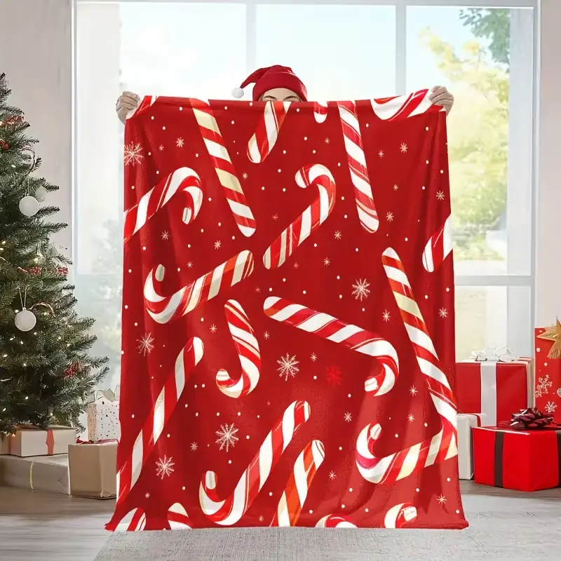 1pc Christmas Red Candy Cane Flannel Blanket - Ultra-Soft and Warm for All Seasons, Hypoallergenic and Machine Washable, Red and White Striped Holiday Decoration, Suitable for Living Room, Bedroom, Sofa, Cozy Home Accessory, The Perfect Christmas