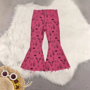 New Clothes Girls Western Jeans Hot Pink Skull Cactus Denim Pants Cowgirl Style Kids Fashion